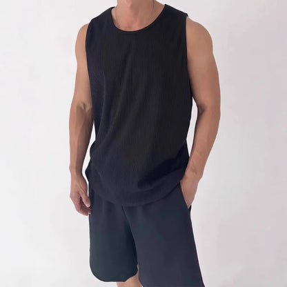 Men's White Ribbed Tank Top Summer Loose Fit Round Neck Gym Workout Sleeveless T-Shirt Sport Breathable Muscle Vest