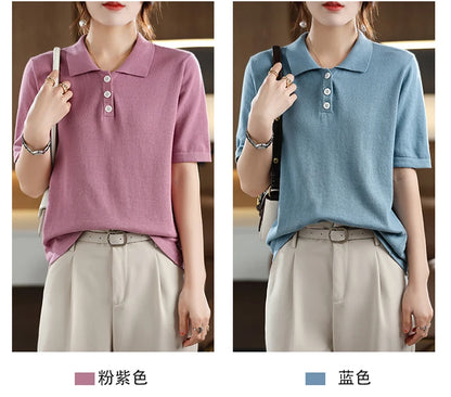 Women's T-shirt Summer 100% Cotton Sweater Short Sleeve Casual Knitted POLO Collar Women's Top Loose Pullover T-shirt Button
