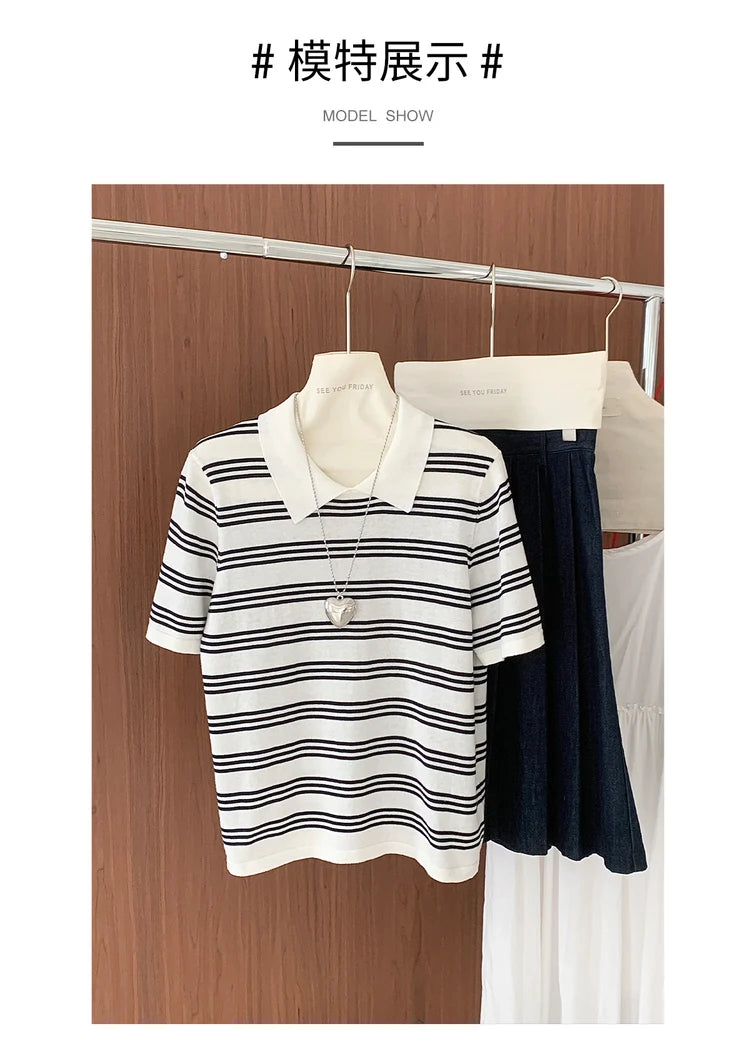 Summer women's100% cotton casual striped knitted T-shirt short sleeved loose POLO collar pullover Korean version fashionable top