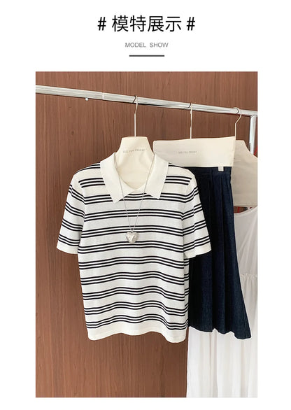 Summer women's100% cotton casual striped knitted T-shirt short sleeved loose POLO collar pullover Korean version fashionable top
