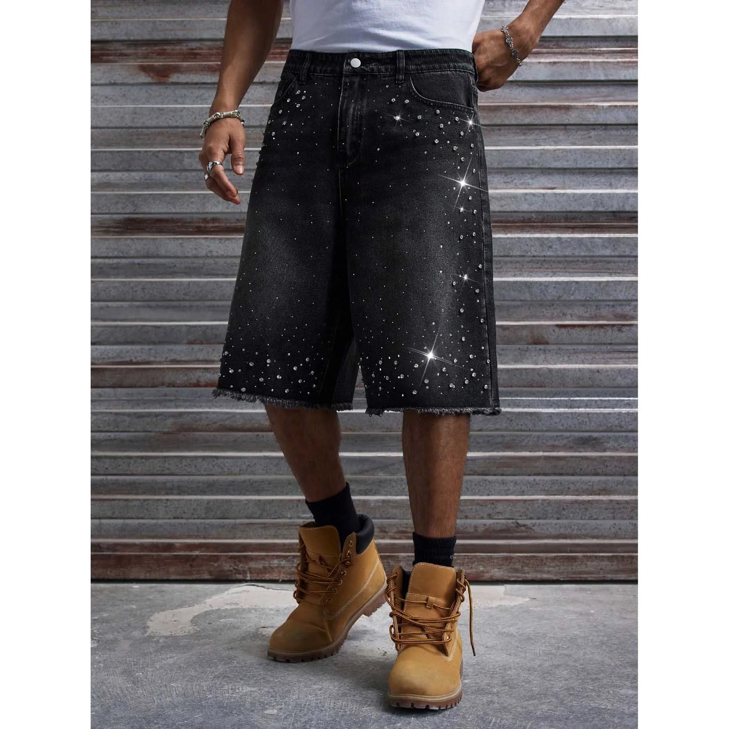 Men's Rhinestone Denim Shorts Baggy Raw Hem Jean Shorts Summer Casual Streetwear Y2K Black Washed No Stretch Pants