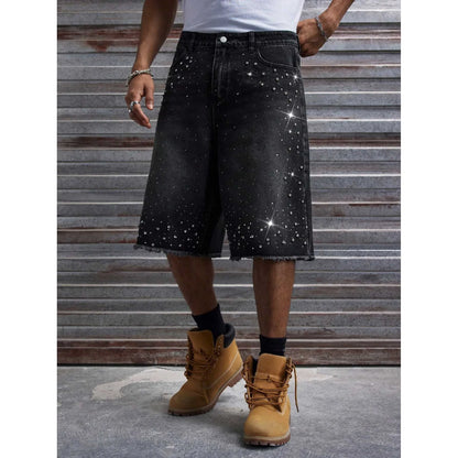 Men's Rhinestone Denim Shorts Baggy Raw Hem Jean Shorts Summer Casual Streetwear Y2K Black Washed No Stretch Pants
