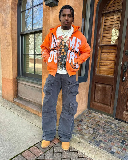 Quick Delivery Y2K Letter Sticker Printed Street Hip-Hop Style Heavyweight Hooded Sweatshirt Cardigan Design High Street Jacket