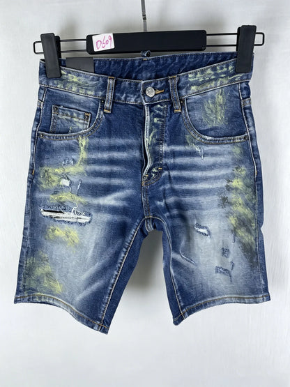 3006 Summer New Men's Jeans Washed Ripped Patch Paint Slim-fit Micro-elastic Denim Shorts Men's Black