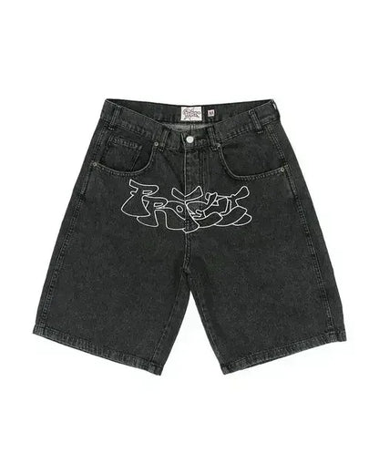American Retro Denim Shorts Y2K Jeans Harajuku Hip Hop Cartoon Embroidery Retro Baggy Shorts Low Waist Sports Basketball Shorts