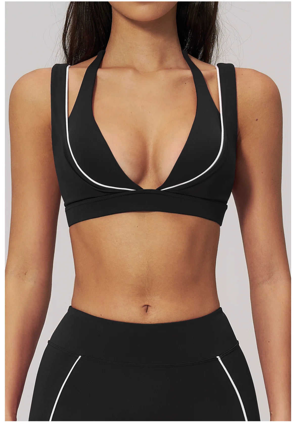 Women Deep V Neck Sports Bra Wide Strap Open V Back Contrast Piping Padded Push Up Gym Workout Top Yoga Bras Activewear Summer