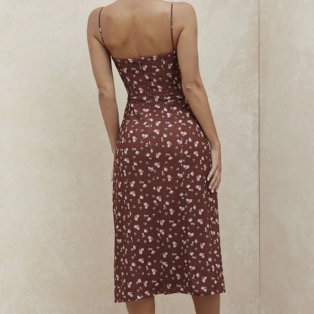 Women Elegant Floral Beach Vacation Streetwear Sexy Low Cut Beach Party Slim Slit Dress Chic Bodycon Lady Sleeveless Vestidos