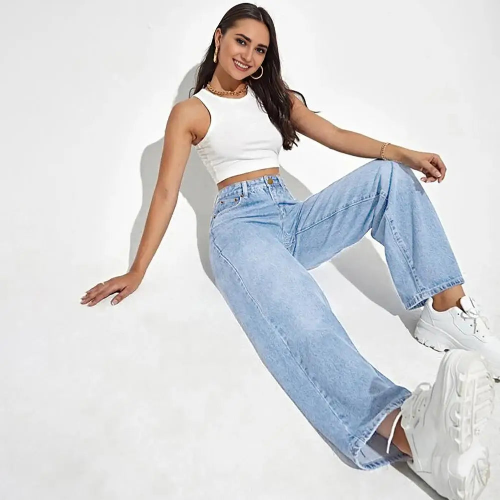 High Waist Denim Pants For Women Stretchy Wide-Leg Jeans With Pockets Casual Straight Leg Summer Autumn Female Jean Trousers