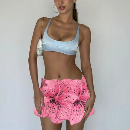 Turquoise Mini Skirt Women Summer 3D Textured Floral Petal Design Low Rise Short Skirt Club Party Skirts Streetwear