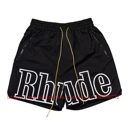 Latest Style RHUDE Men's  Casual Shorts Hip Hop Elastic Waist Drawstring Zip Pocket Summer Street Leisure Beach Shorts