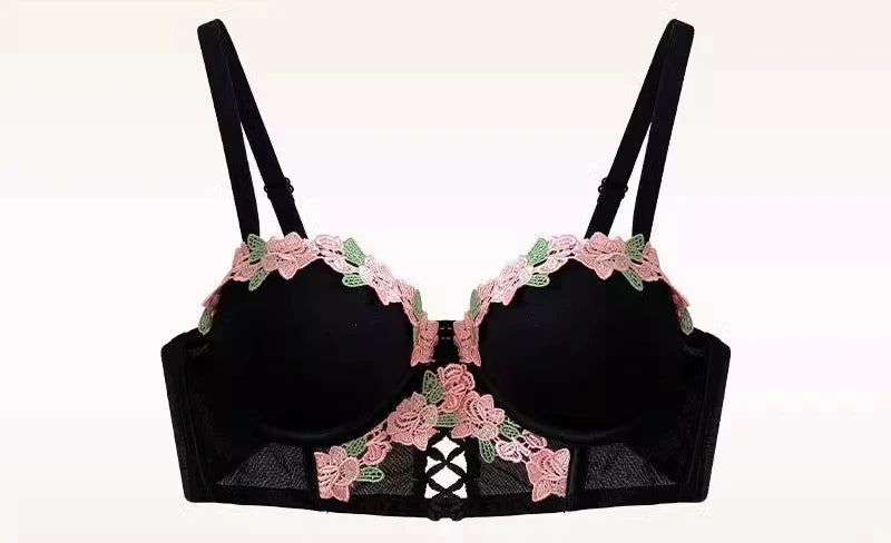 MOYISU New Vintage Embroidery Cream Sweet Flowers Pastoral Field Sexy Underwear for Women Small Breasts Pure Desire Gathered Up
