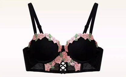 MOYISU New Vintage Embroidery Cream Sweet Flowers Pastoral Field Sexy Underwear for Women Small Breasts Pure Desire Gathered Up