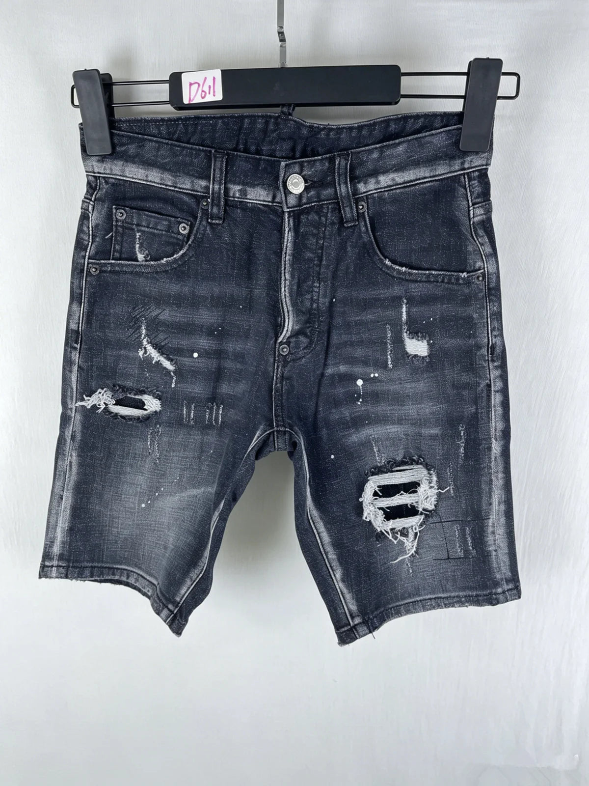 3006 Summer New Men's Jeans Washed Ripped Patch Paint Slim-fit Micro-elastic Denim Shorts Men's Black