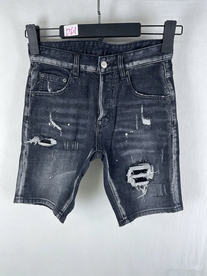 3006 Summer New Men's Jeans Washed Ripped Patch Paint Slim-fit Micro-elastic Denim Shorts Men's Black