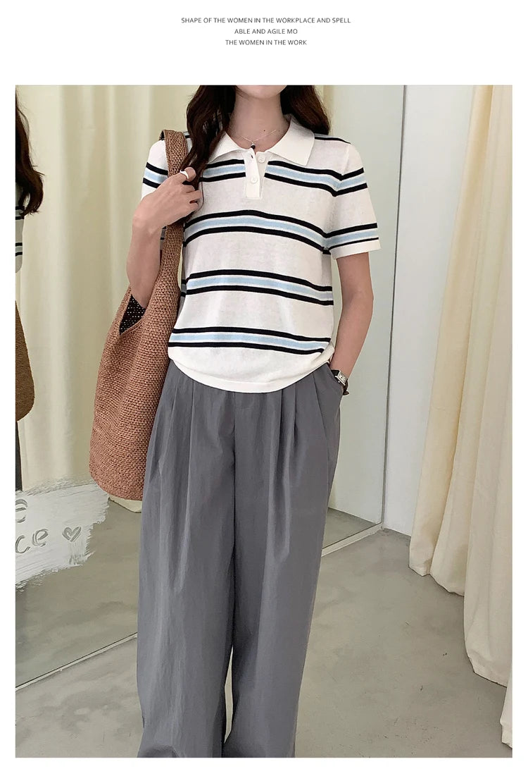 Summer 100% cotton women's T-shirt casual striped knit pullover short sleeved loose POLO collar Tees Pull fashion tops