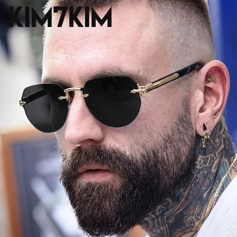 Square Rimless Punk Sunglasses Men Designer Vintage Polygon Metal Sun Glasses Male Fashion Eyewear Pilot Shades