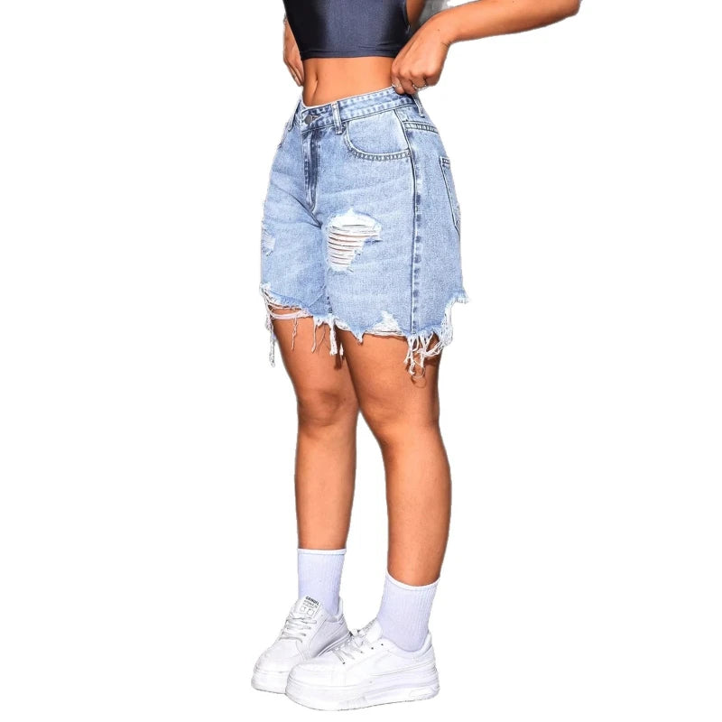 Denim Pant Women Shorts Jeans Vintage Short Pants High Waist Casual Loose Hole Trousers Y2k Streetwear Elegant Summer