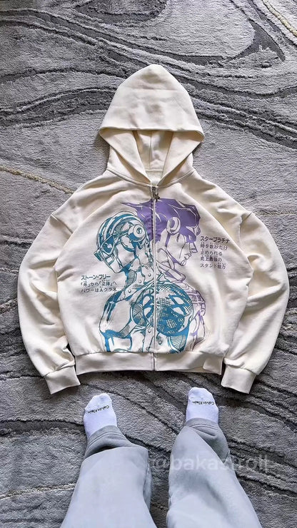 Jojo Bizarre Adventure Silver Chariot Zip Up Hoodies Women Y2k Oversized Hoodie Hip Hop Couples Harajuku Street Men Sweatshirt