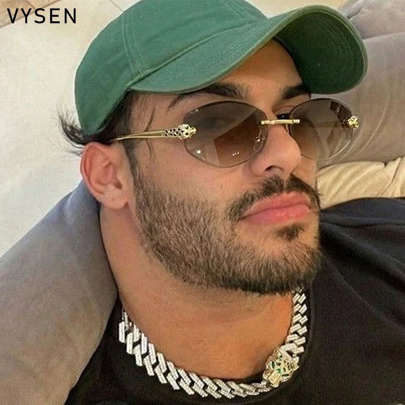 Vintage Rimless Oval Punk Sunglasses Men Luxury Designer Leopard Head Frameless Sun Glasses Hip Hop Outdoor Shades Eyewear