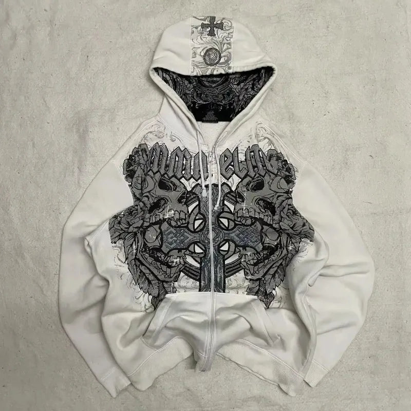 American Vintage Oversized Skull Graphic Zipper Hoodie Men Y2K Harajuku Hip Hop Gothic Couple Casual Joker Sweatshirt Coats