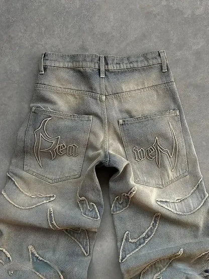 American New Fashion Patch Baggy Casual Jeans For Men And Women Y2K High Street Harajuku High Waist Wide Leg Denim Trousers