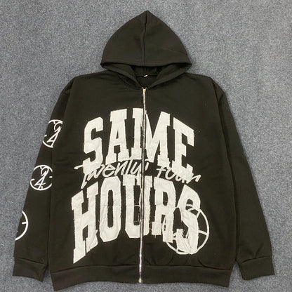 Quick Delivery Y2K Letter Sticker Printed Street Hip-Hop Style Heavyweight Hooded Sweatshirt Cardigan Design High Street Jacket