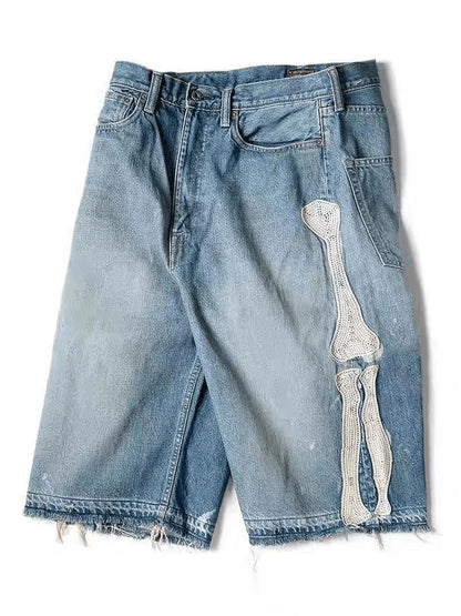 Retro Denim Shorts Y2k Casual Embroidered Bone Denim Shorts
