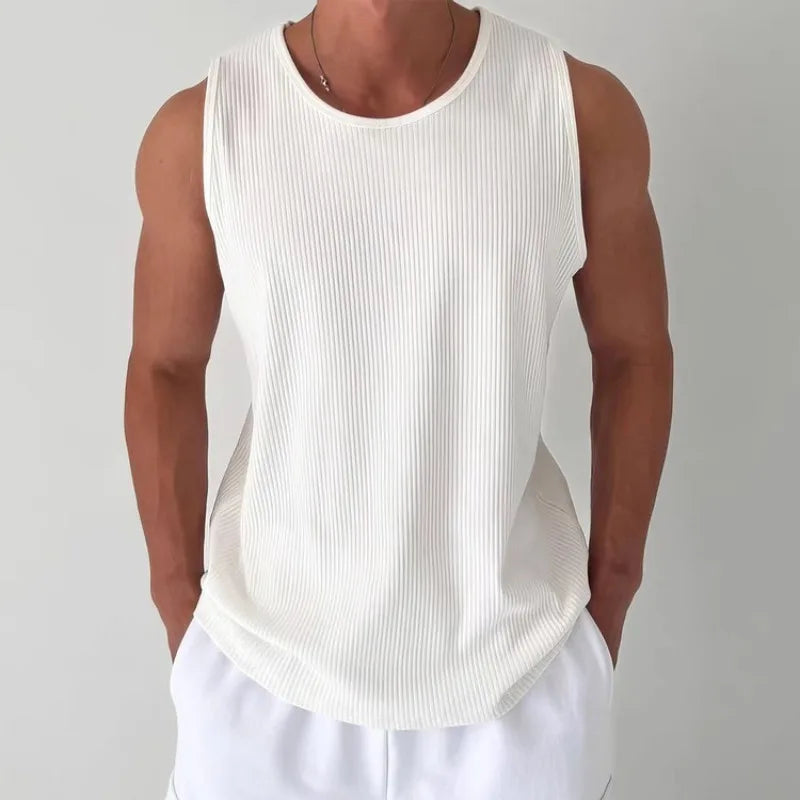 Men's White Ribbed Tank Top Summer Loose Fit Round Neck Gym Workout Sleeveless T-Shirt Sport Breathable Muscle Vest