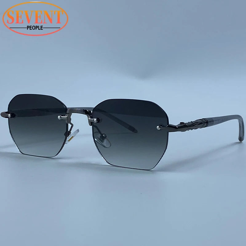 Steampunk Rimless Square Sunglasses Men Luxury Designer Vintage Metal Polygon Outdoor Sun Glasses Male Frameless Shades