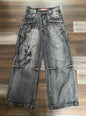 Mens Jeans Y2K Vintage Streetwear Black Gray Wide Leg Denim Pants Abstract Print Washed Distressed Loose Fit Dark Punk Fashion