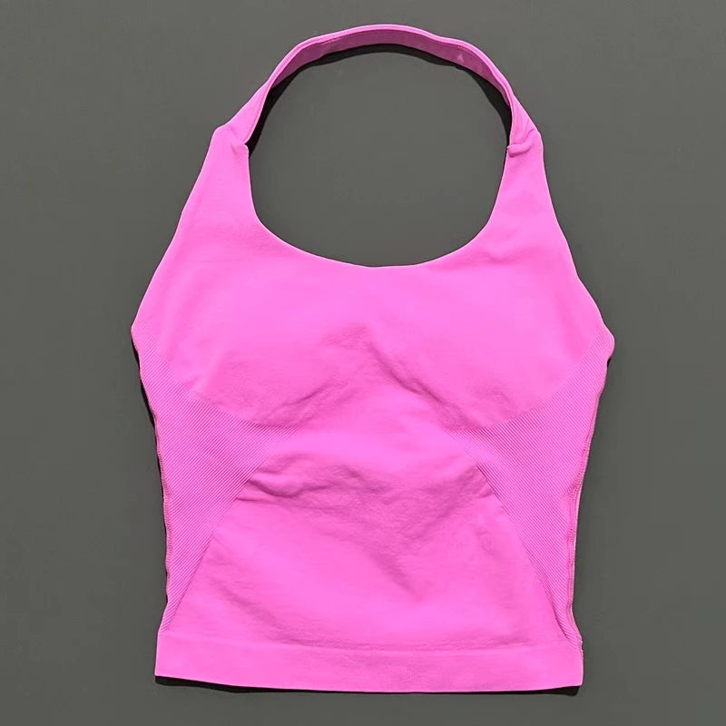 Histello Longline Strappy Top Women Sports Tank Halter Seamless Ruched Backless Gym Activewear Workout Yoga Fitness Tops