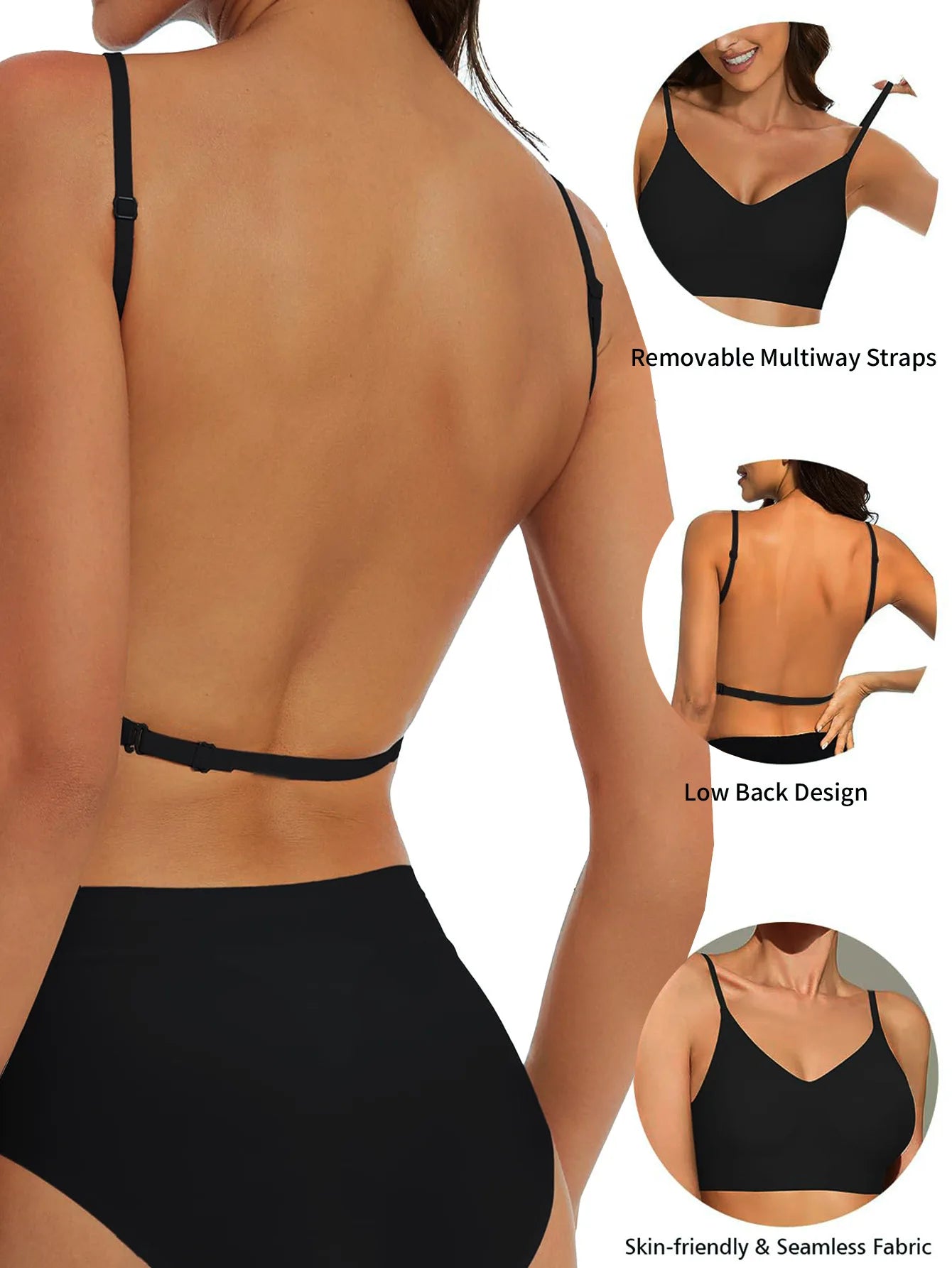 Women Invisible Bra Deep U Plunge Bras Backless Top for Dresses Sexy Lingerie with Transparent Strap Push Up Strapless Underwea