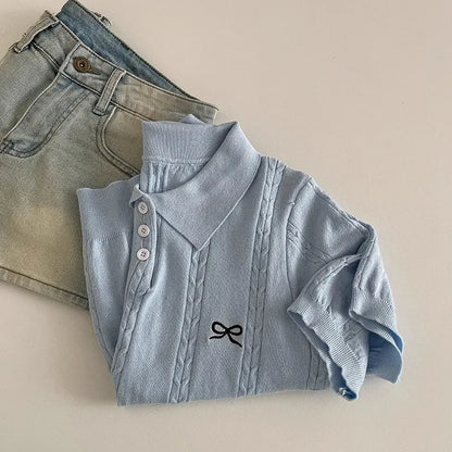 Summer Slim Polo shirt Knitted Short Sleeve T-shirt Sweet Bow Embroidered Knitted  Women Tops