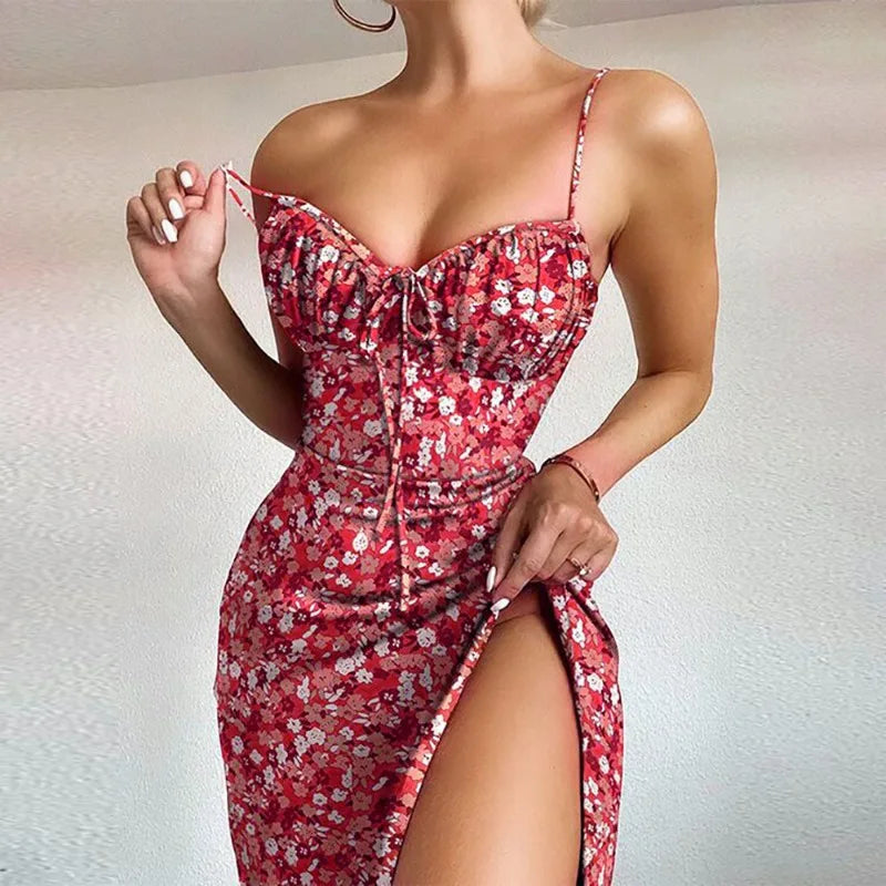 Women Elegant Floral Beach Vacation Streetwear Sexy Low Cut Beach Party Slim Slit Dress Chic Bodycon Lady Sleeveless Vestidos