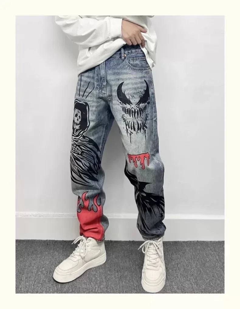 Men's Retro American Street Hip Hop Flame Skull Print Jeans Man High Street Motorcycle Denim Long Pants Baggy Jeans Men Techwear