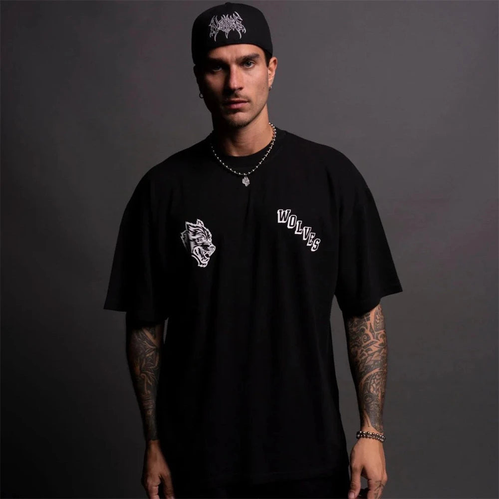 DARC Wolf Head 230G Combed Cotton round Neck Short Sleeve T-Shirt Men's Casual Top Shoulder-Down Tee Breathable Youth Fashion
