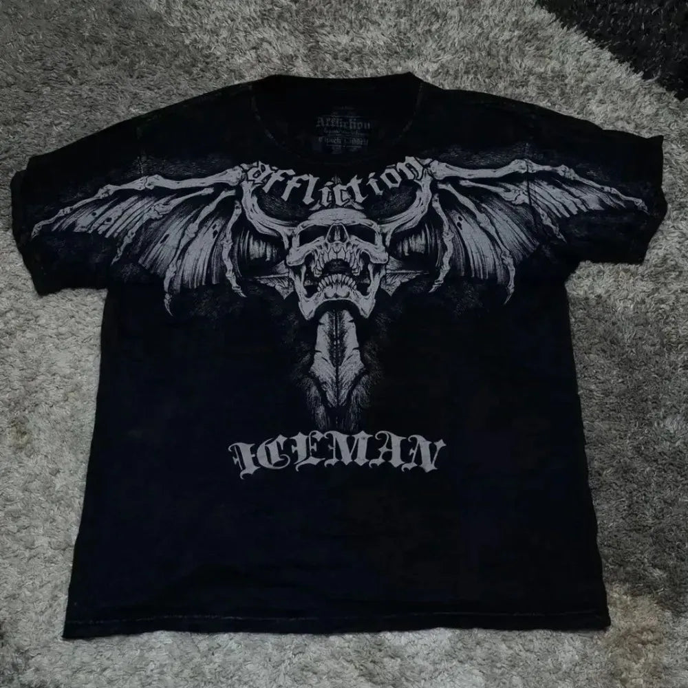 Summer New Men's Breathable Round Neck T-shirt Y2K Retro Clothing Punk Hip Hop Pattern Printed