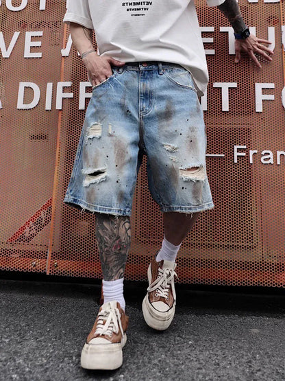 Men's Distressed Denim Shorts Heavyweight Summer Streetwear Loose Fit Fashion Five-Pocket Style European American Design