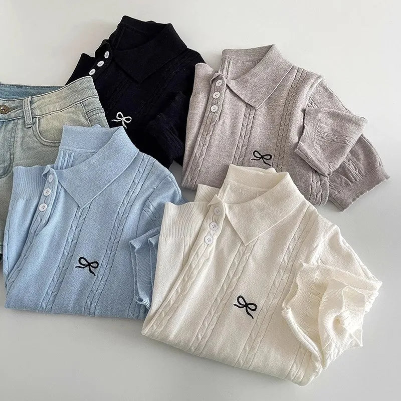 Summer Slim Polo shirt Knitted Short Sleeve T-shirt Sweet Bow Embroidered Knitted  Women Tops