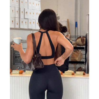 C-B Cross Back Sports Bra Naked Quick Dry Yoga Crop Top Padded Deep V Halter Backless Gym Running Workout Women Athletic Top