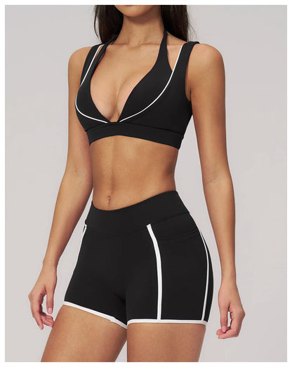 Women Deep V Neck Sports Bra Wide Strap Open V Back Contrast Piping Padded Push Up Gym Workout Top Yoga Bras Activewear Summer