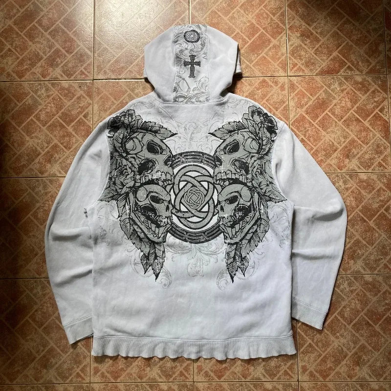 American Vintage Oversized Skull Graphic Zipper Hoodie Men Y2K Harajuku Hip Hop Gothic Couple Casual Joker Sweatshirt Coats