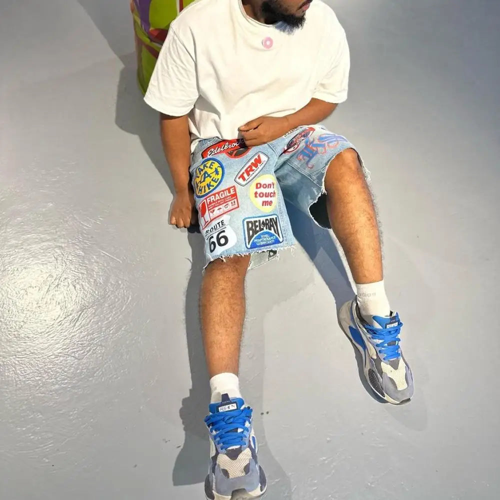 American Retro Denim Shorts Y2K Jeans Harajuku Hip Hop Cartoon Embroidery Retro Baggy Shorts Low Waist Sports Basketball Shorts