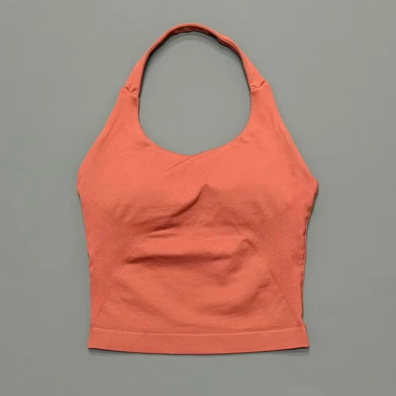 Histello Longline Strappy Top Women Sports Tank Halter Seamless Ruched Backless Gym Activewear Workout Yoga Fitness Tops