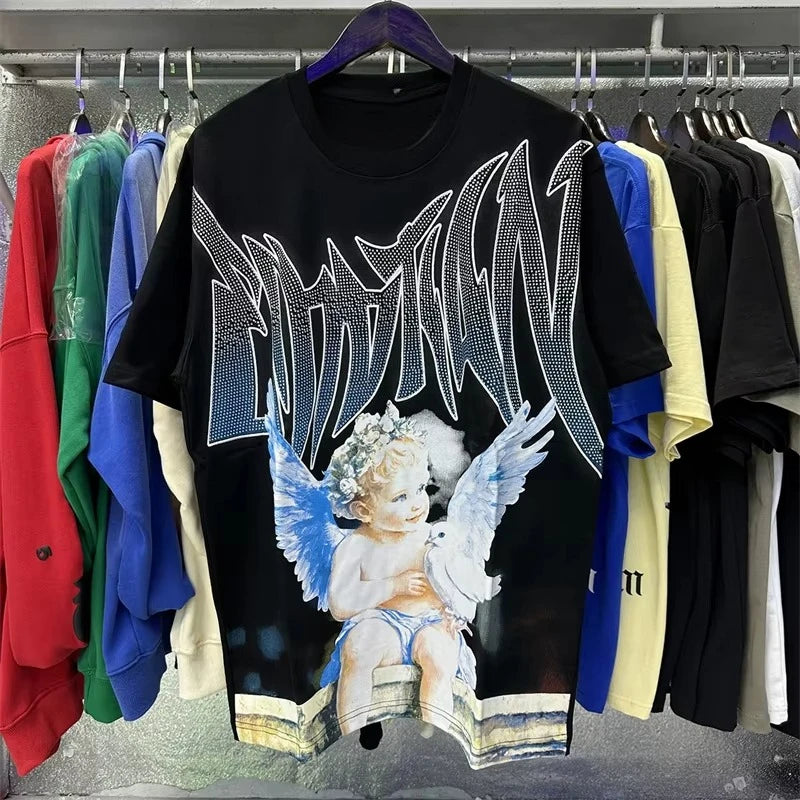 Unisex Couple Street Style Angel Print Summer Top Round Neck Short Sleeve T-Shirt