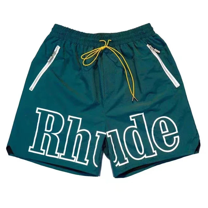 Latest Style RHUDE Men's  Casual Shorts Hip Hop Elastic Waist Drawstring Zip Pocket Summer Street Leisure Beach Shorts