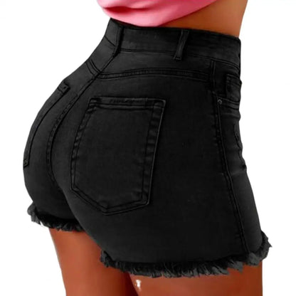 Profashion  Retro Distressed Ripped Edge Women Shorts High Waist Washed Butt-lifted Slim Fit Side Pockets Casual Club Party Short Pants