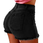 Profashion  Retro Distressed Ripped Edge Women Shorts High Waist Washed Butt-lifted Slim Fit Side Pockets Casual Club Party Short Pants