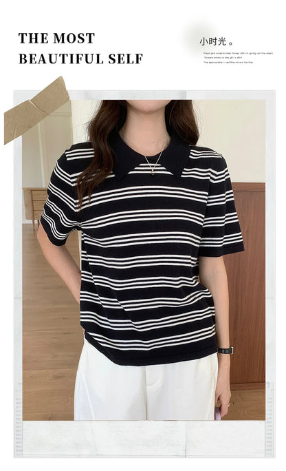 Summer women's100% cotton casual striped knitted T-shirt short sleeved loose POLO collar pullover Korean version fashionable top
