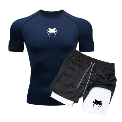 Men Compression Athletic Fitness Wear - Quick-Dry Tight Short-Sleeve Anime Double-Layer Shorts Summer Set Fitness Running Set